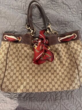 Gucci Beige GG Canvas Shoulder Tote with Brown Leather and Red Scarf Accent